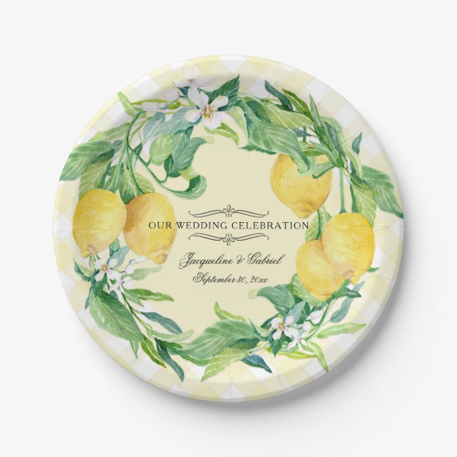 Wedding Reception Gingham Lemon Floral Leaf Wreath Paper Plate (Front)
