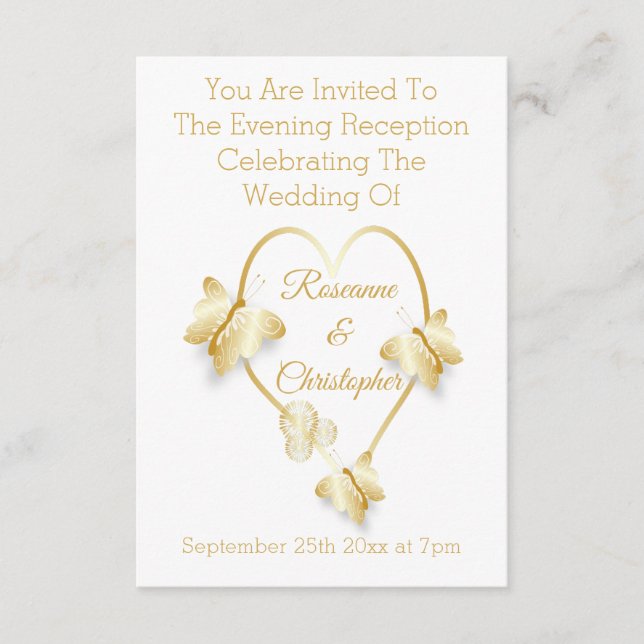 Wedding Reception Gold Coloured Heart Butterfly Enclosure Card (Front)