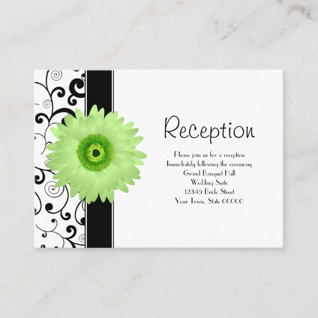 Wedding Reception Green Gerbera Daisy Black Scroll Enclosure Card (Front)