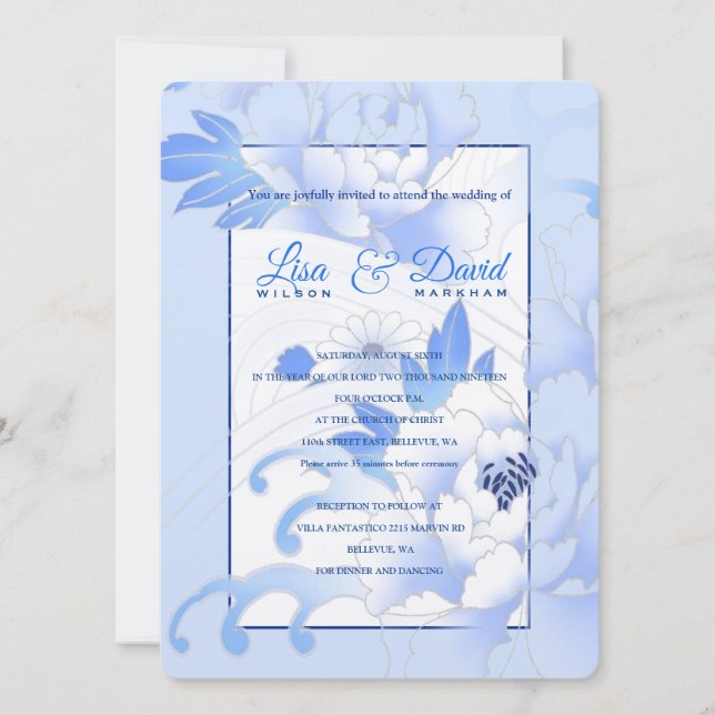 Wedding & Reception Invitation-Blue Peonies Invitation (Front)