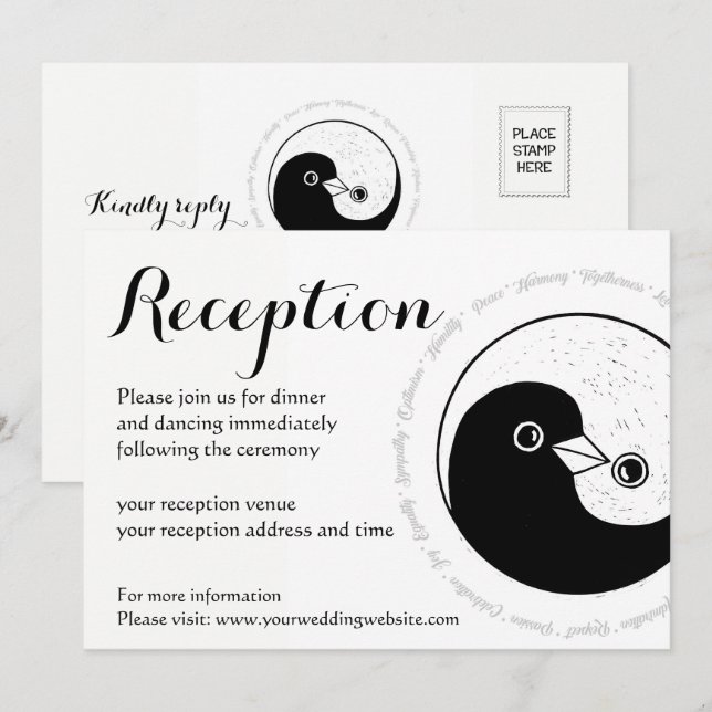 WEDDING RECEPTION INVITE. b/w YinYang doves Invitation (Front/Back)