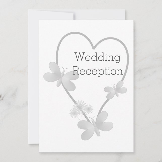 Wedding Reception Invite Silver Heart Butterfly (Front)