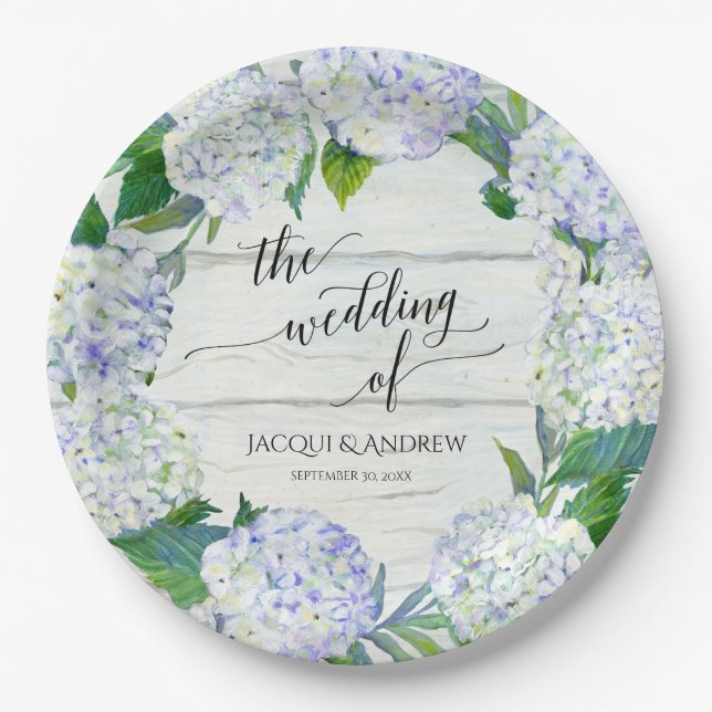 Wedding Reception Lavender Hydrangea Wreath Wood Paper Plate (Front)