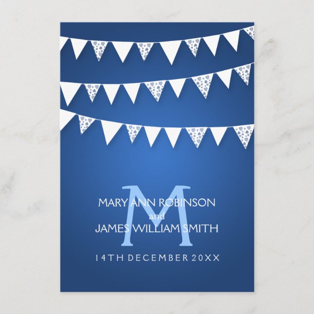 Wedding Reception Love Bunting Monogram Blue Enclosure Card (Front)