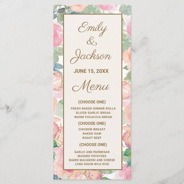 Wedding Reception Menu Blush Pink Floral Greenery (Front)
