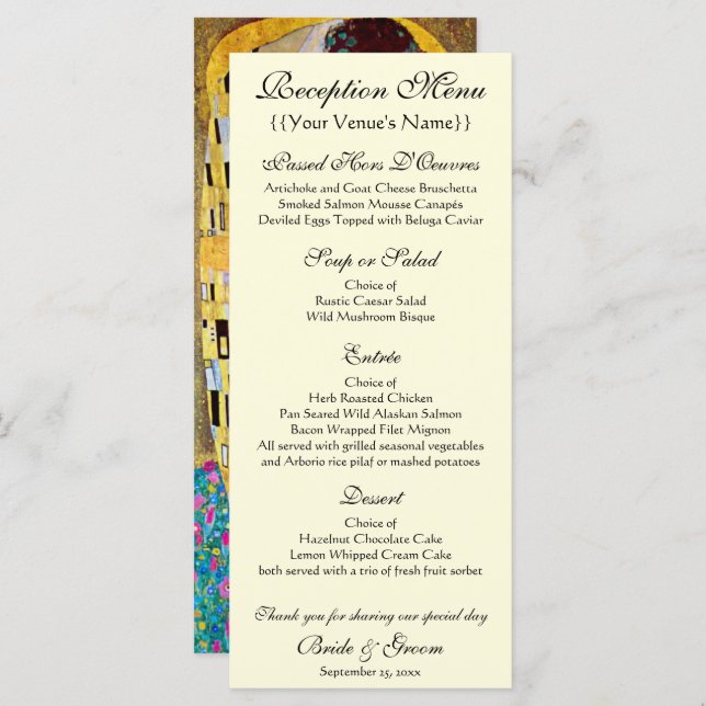 Wedding Reception Menu; The Kiss by Gustav Klimt Menu (Front/Back)