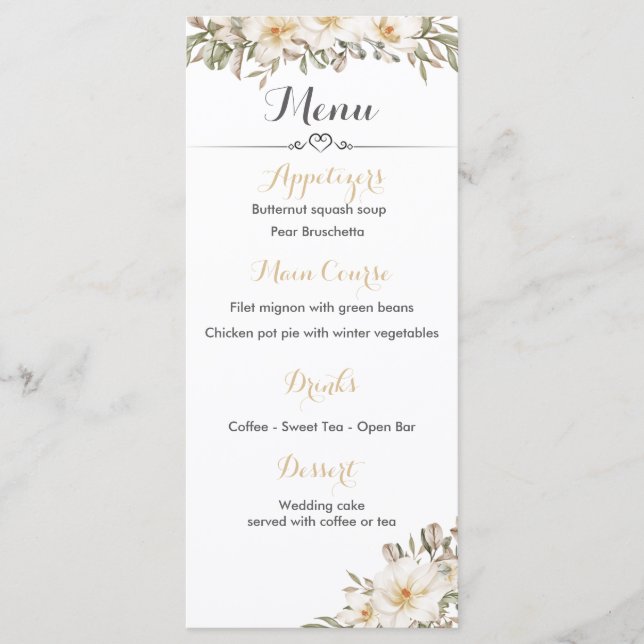 Wedding Reception Menu with Magnolia Blossoms (Front)