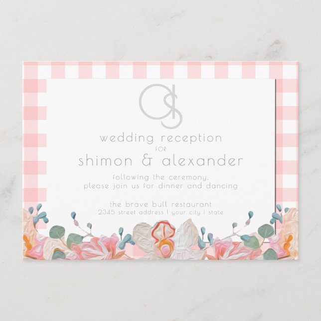 Wedding Reception | Monogram Coral Gingham Enclosure Card (Front)