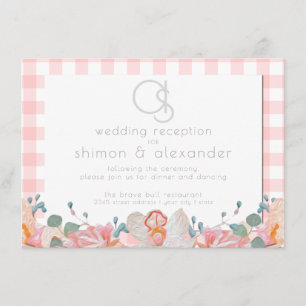 Wedding Reception   Monogram Coral Gingham Enclosure Card