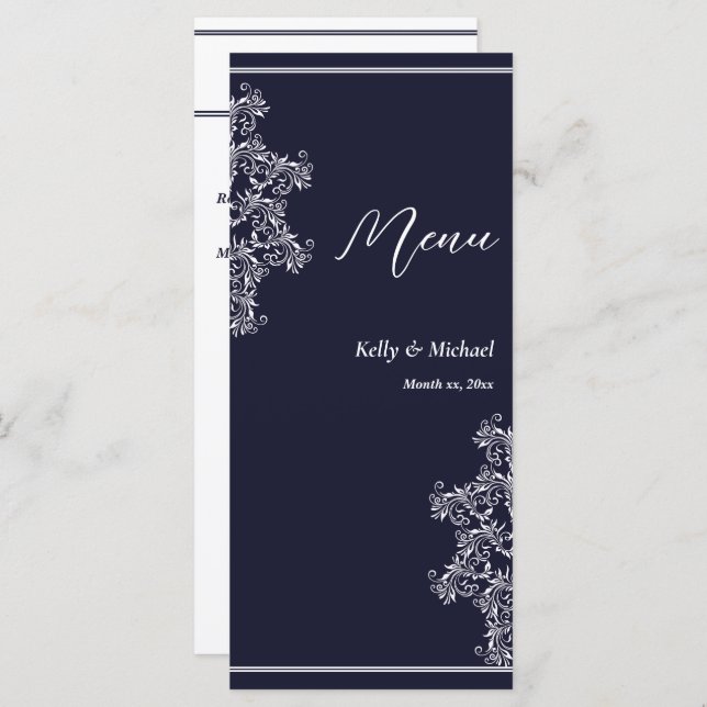 Wedding Reception Navy and White Elegant Menu (Front/Back)