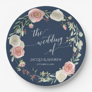 Wedding Reception Navy Blush Ivory Roses Wreath Paper Plate