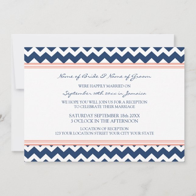 Wedding Reception Only Coral Blue Chevron Invitation (Back)
