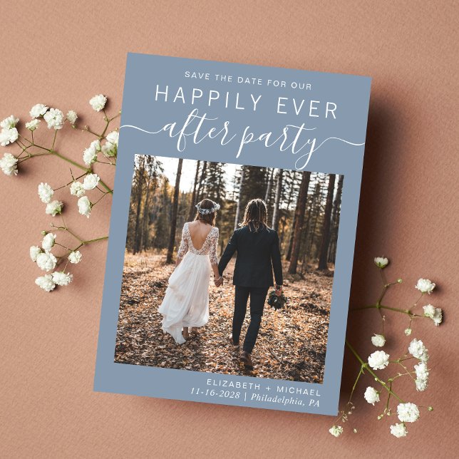 Wedding Reception Photo Dusty Blue Save The Date (A chic save the date announcement for a reception to celebrate your elopement or private wedding)