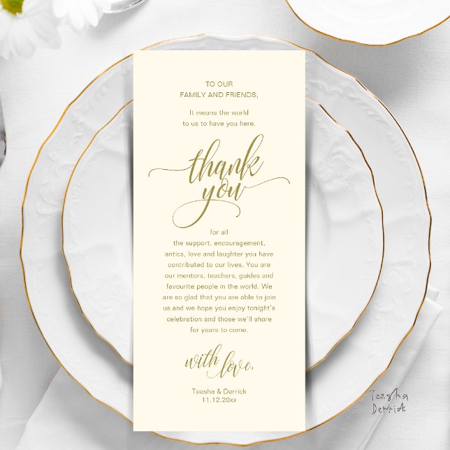 Wedding Reception Place Setting Thank You Card (Modern Script Wedding Guest Dinner Reception Brunch Lunch Thank You Card in Yellow Gold)