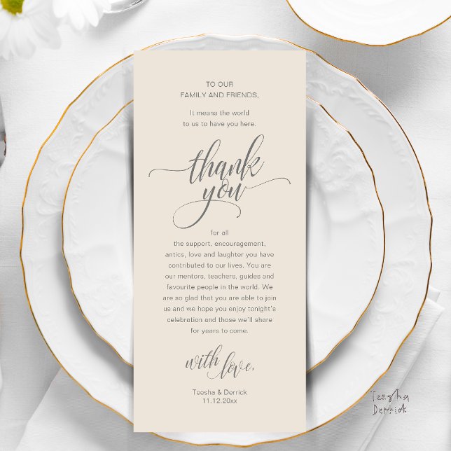 Wedding Reception Place Setting Thank You Card (Modern Script Wedding Guest Dinner Reception Brunch Lunch Thank You Card in Classy Warm Cream Grey)