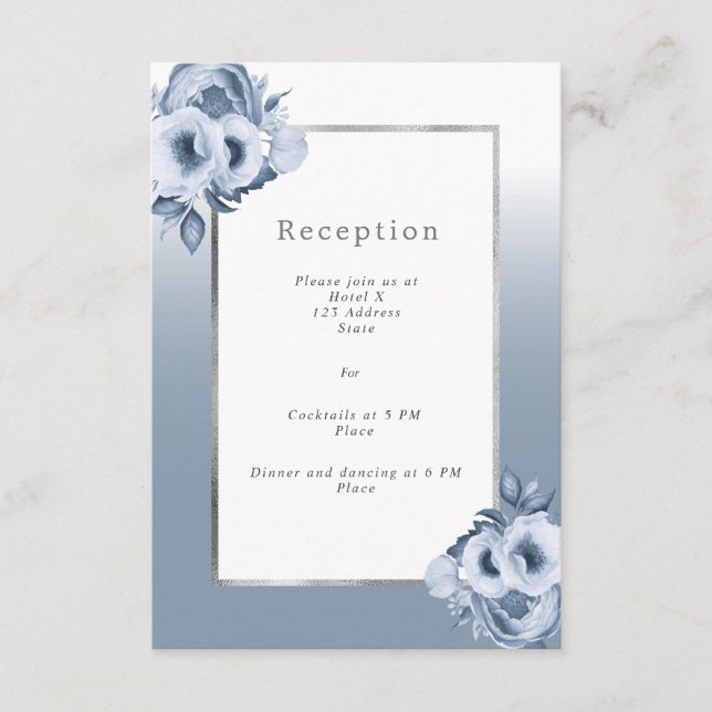Wedding reception program dusty blue florals enclosure card (Front)
