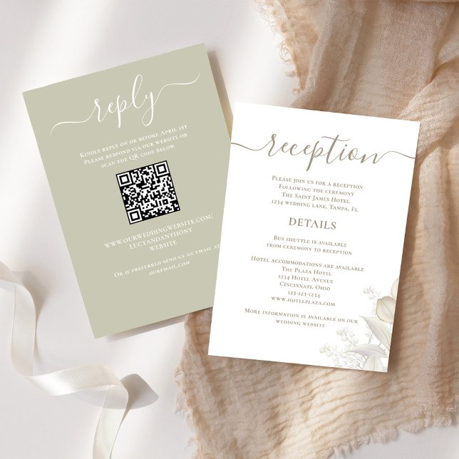Wedding Reception QR Code RSVP Sage Greenery Enclosure Card (Wedding reception and reply card with a scannable QR code  with sage greenery)
