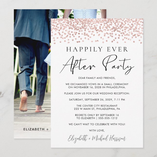Wedding Reception Rose Gold Glitter Photo Announcement (Front/Back)
