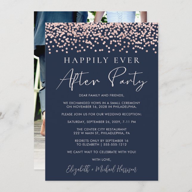 Wedding Reception Rose Gold Glitter Photo Blue Announcement (Front/Back)