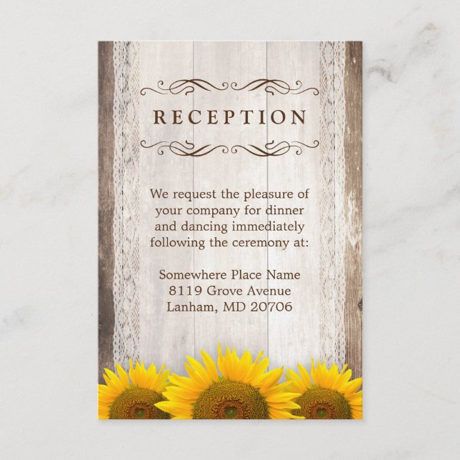 Wedding Reception Rustic Lace Barn Wood Sunflowers Enclosure Card (Front)