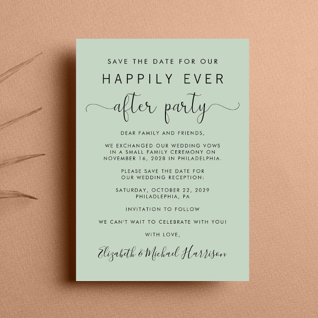 Wedding Reception Sage Save the Date  Announcement (A chic save the date announcement for a reception to celebrate your elopement or private wedding)
