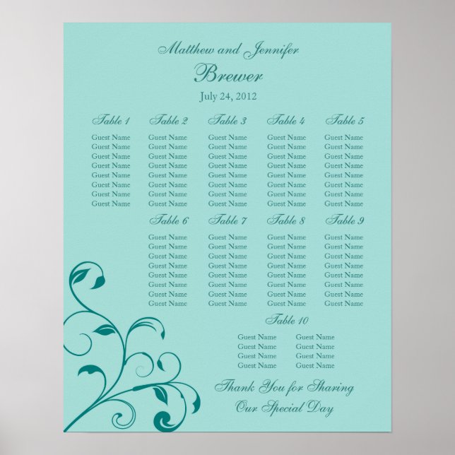 Wedding Reception Seating Chart - Standard Sizes (Front)