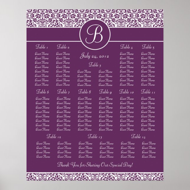 Wedding Reception Seating Chart - Standard Sizes (Front)