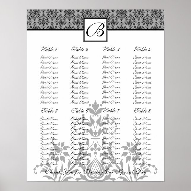 Wedding Reception Seating Chart - Standard Sizes (Front)