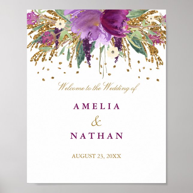Wedding Reception Sign Floral Glitter Amethyst (Front)