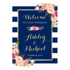 Wedding Reception Sign Floral Navy Blue Stripes