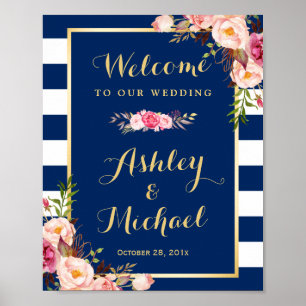 Wedding Reception Sign Floral Navy Blue Stripes