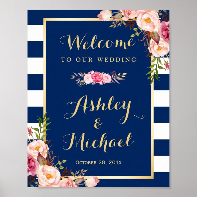 Wedding Reception Sign Floral Navy Blue Stripes (Front)