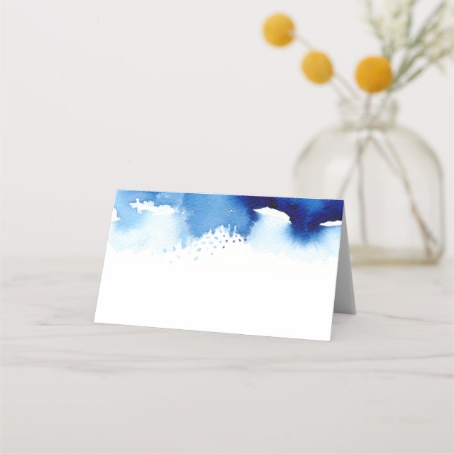 WEDDING RECEPTION stylish watercolor splash blue Place Card (Front)