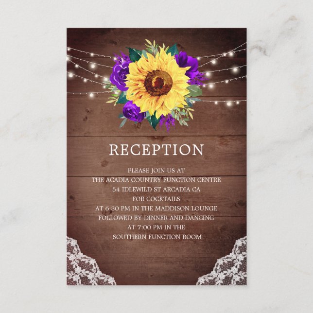 Wedding Reception Sunflower Purple Rose Lace Enclosure Card (Front)