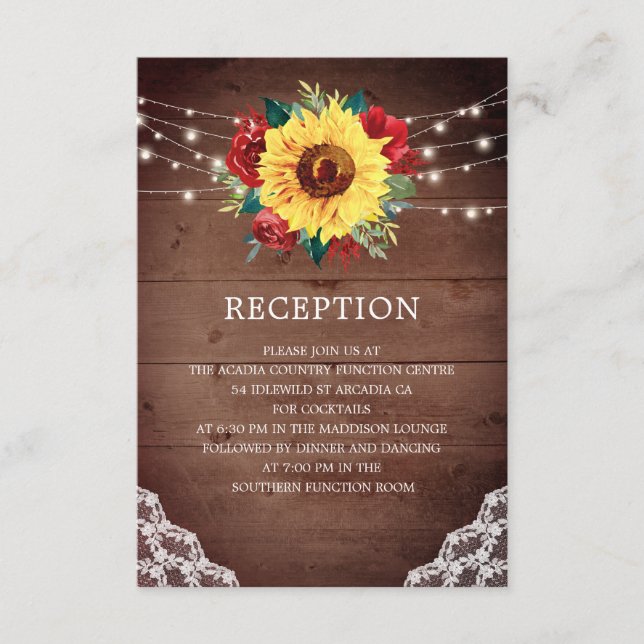 Wedding Reception Sunflower Red Rose Lace Enclosure Card (Front)