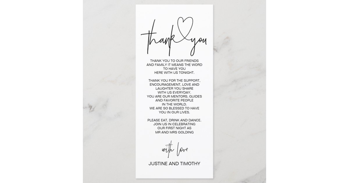 Wedding Reception Table Thank You Place Setting Menu Zazzle