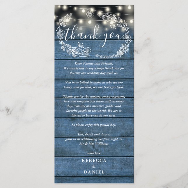Wedding Reception Thank You Blue Rustic Place Card (Front)