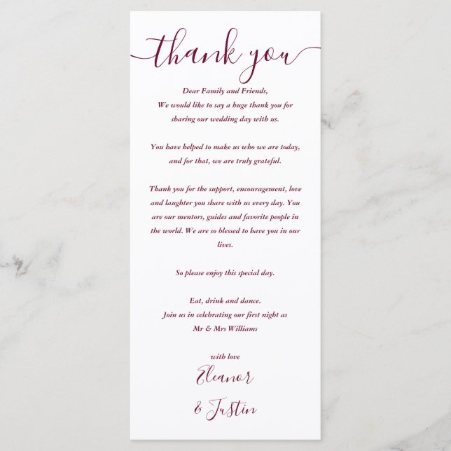 Wedding Reception Thank You Burgundy Place Card (Front)