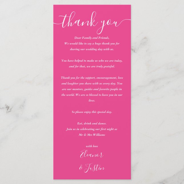 Wedding Reception Thank You Hot Pink Place Card (Front)
