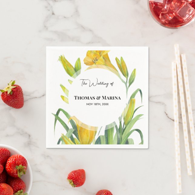 Wedding Reception Watercolor Yellow Day Lilies Napkin (Insitu)