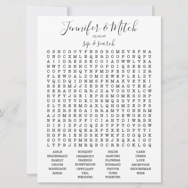 Wedding Reception Word Search Game, Custom Game Invitation (Front)