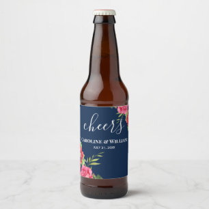 Wedding Red and Pink Flowers Dark Navy Blue Beer Bottle Label