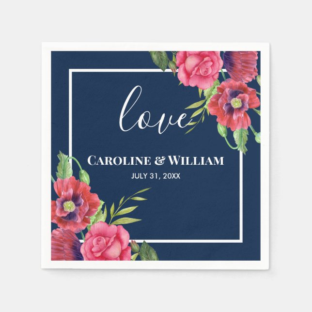 Wedding Red and Pink Flowers Dark Navy Blue Napkin (Front)