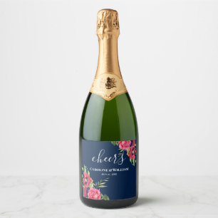 Wedding Red and Pink Flowers Dark Navy Blue Sparkling Wine Label