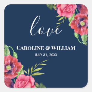 Wedding Red and Pink Flowers Dark Navy Blue Square Sticker