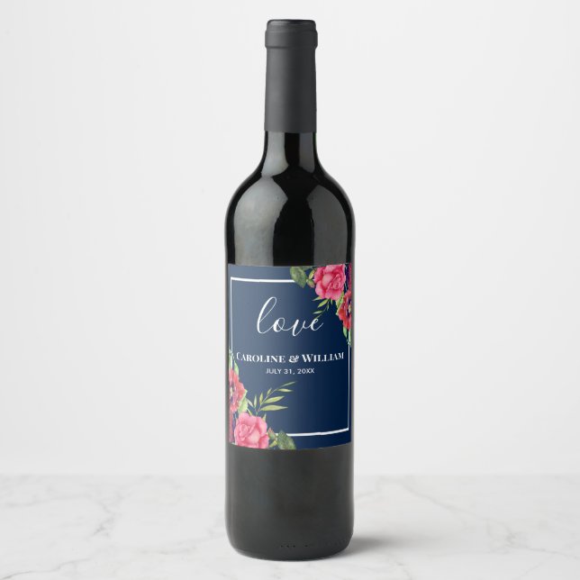 Wedding Red and Pink Flowers Dark Navy Blue Wine Label (Front)