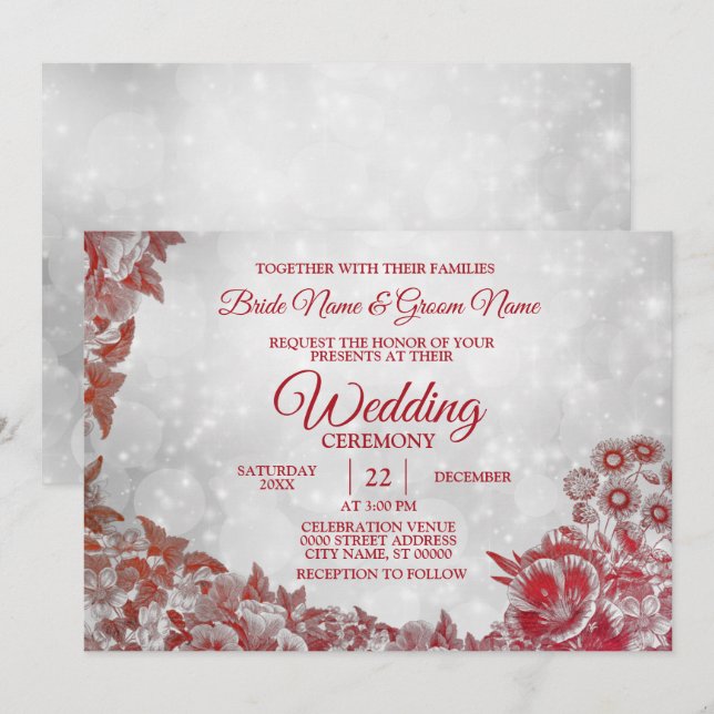 Wedding Red Floral Pattern Silver Sparkle Invitation (Front/Back)
