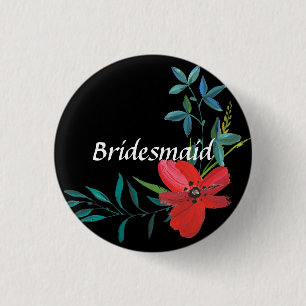 Wedding Red Flower Floral Bridesmaid Button