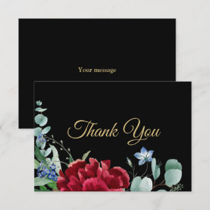 Wedding Red Flower Green Leaves Golden Frame Black Thank You Card