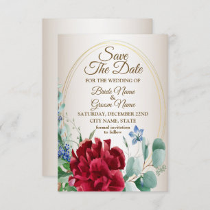Wedding Red Flower Green Leaves Golden Frame Tan Save The Date